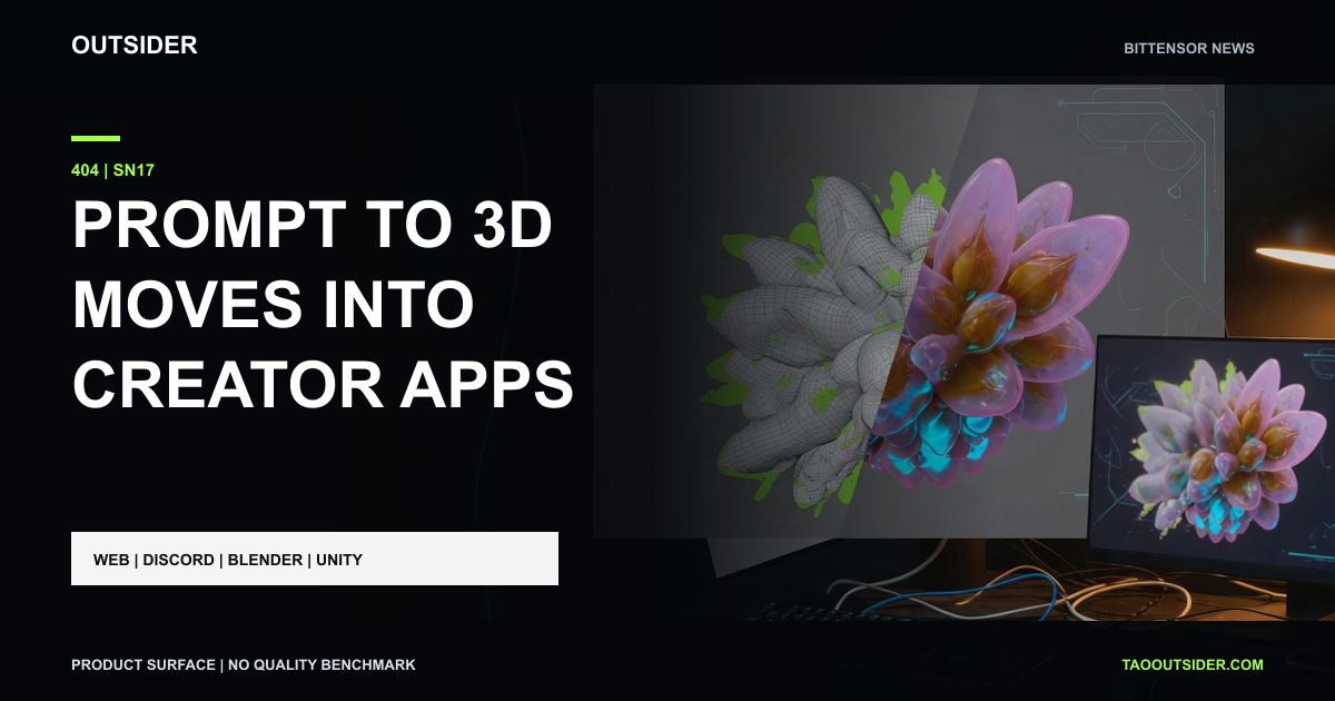 404 SN17 creator workstation showing a wireframe object becoming a finished three dimensional asset.