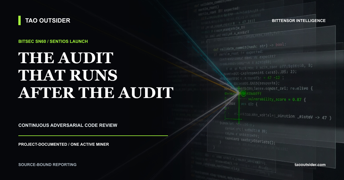 Several adversarial AI inspection paths converging on one code repository for the Sentios continuous-review service from Bitsec SN60.
