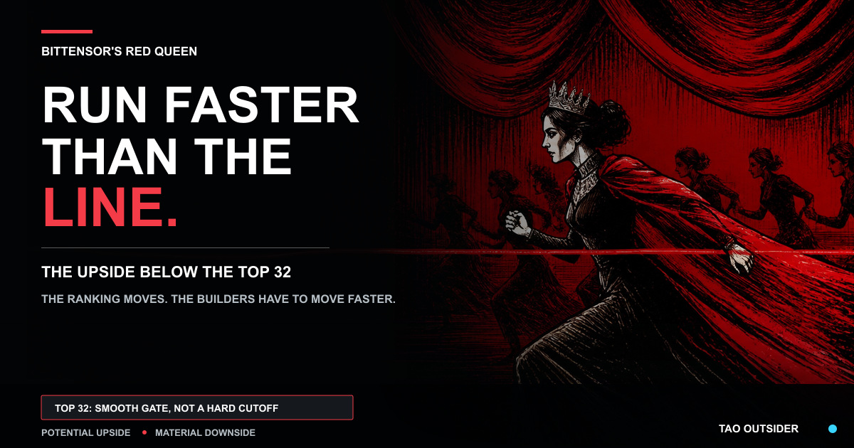 An illustrated human Red Queen racing across a moving red line while other runners pursue the Bittensor Top 32.