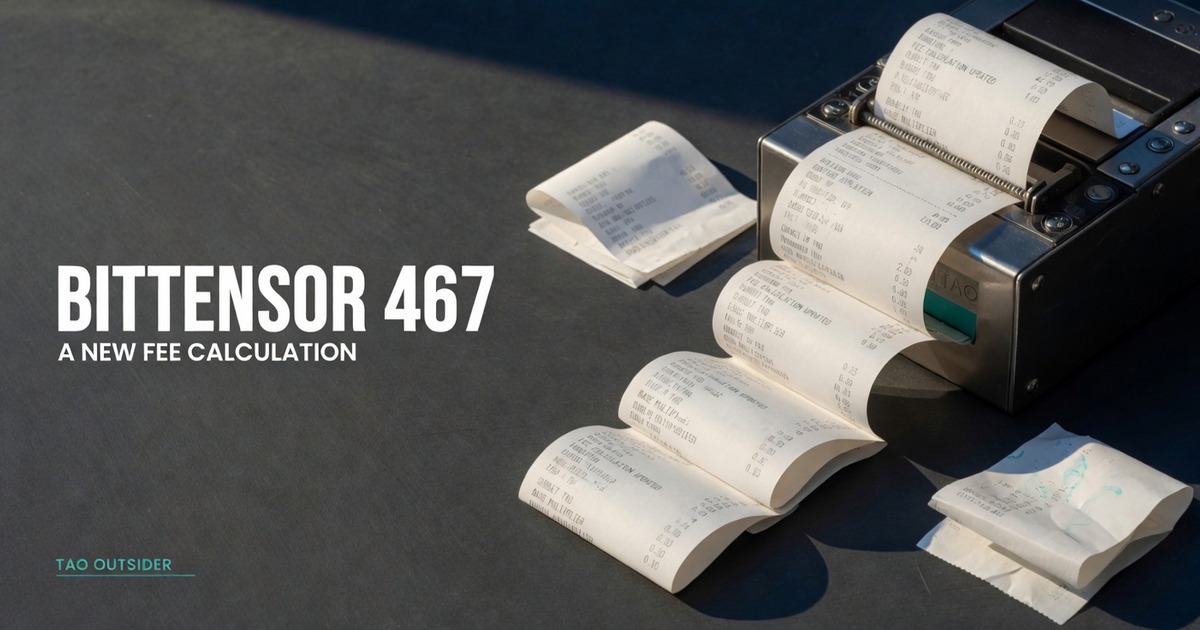 A conceptual receipt printer illustrating Bittensor runtime 467's revised fee calculation.