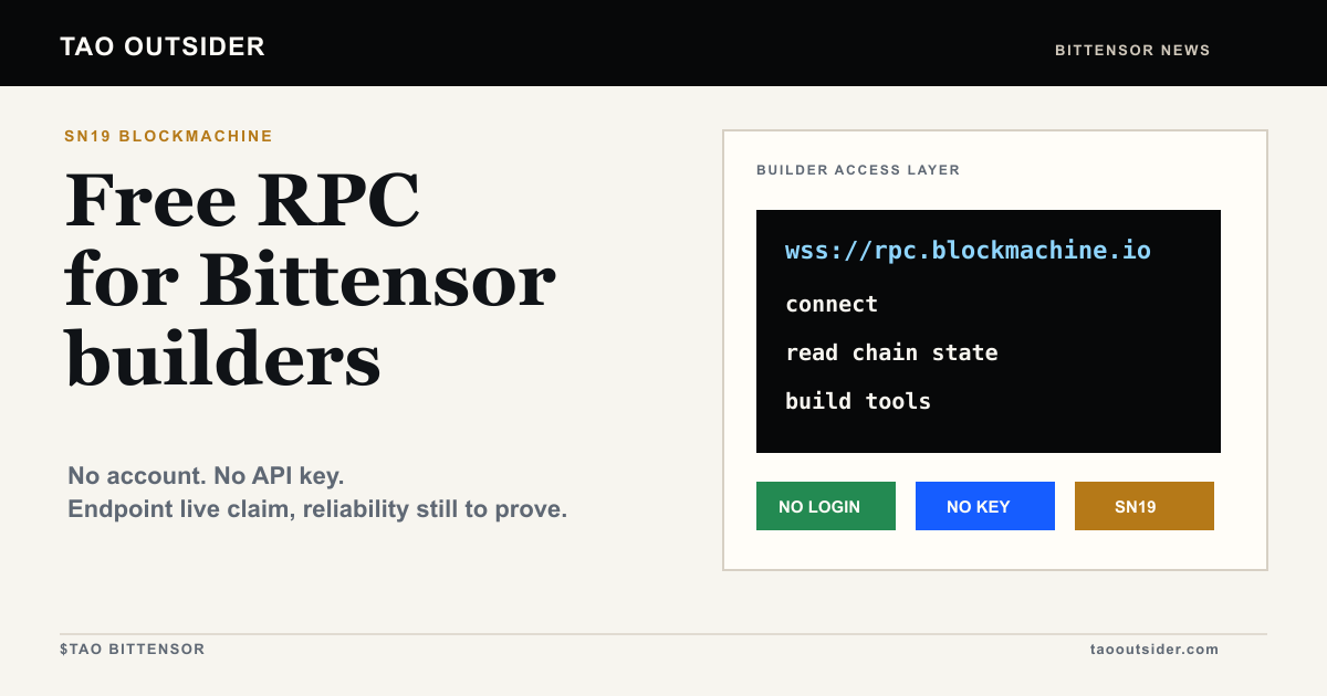 Blockmachine SN19 shown as free public RPC access for Bittensor developers with no account or API key required.