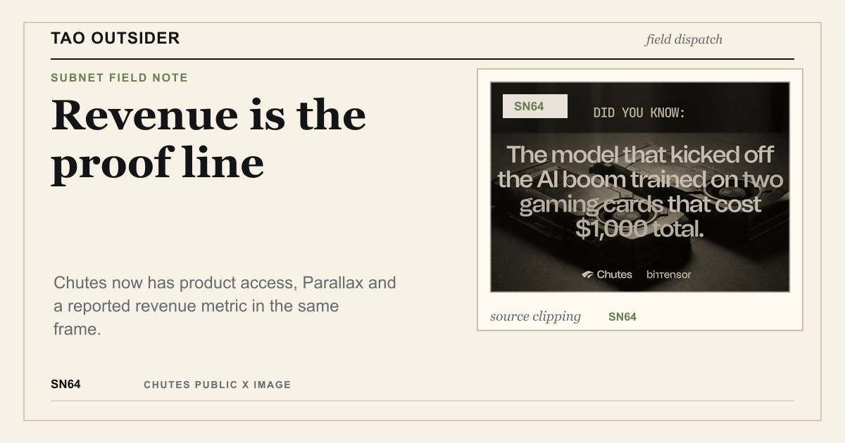 Tao Outsider editorial cover about Chutes SN64 revenue, Parallax and product proof surfaces.