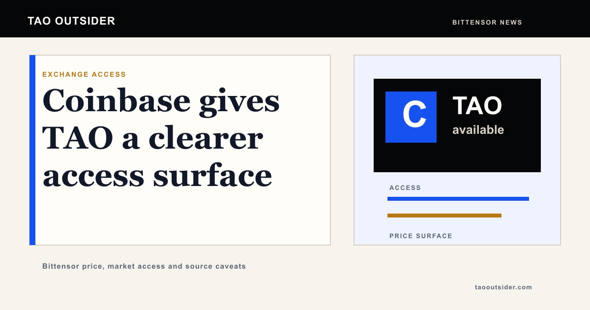 Coinbase and Bittensor TAO shown as an exchange access surface for users tracking Bittensor price.