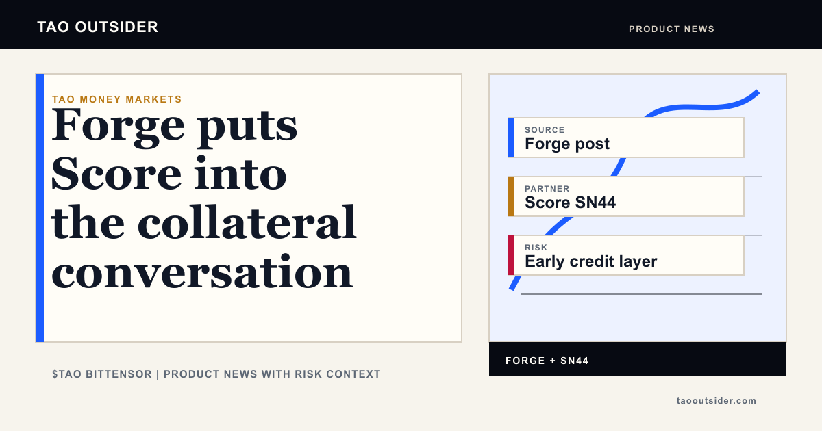 Forge and Score SN44 shown as a Bittensor product news item about TAO money markets and subnet collateral.