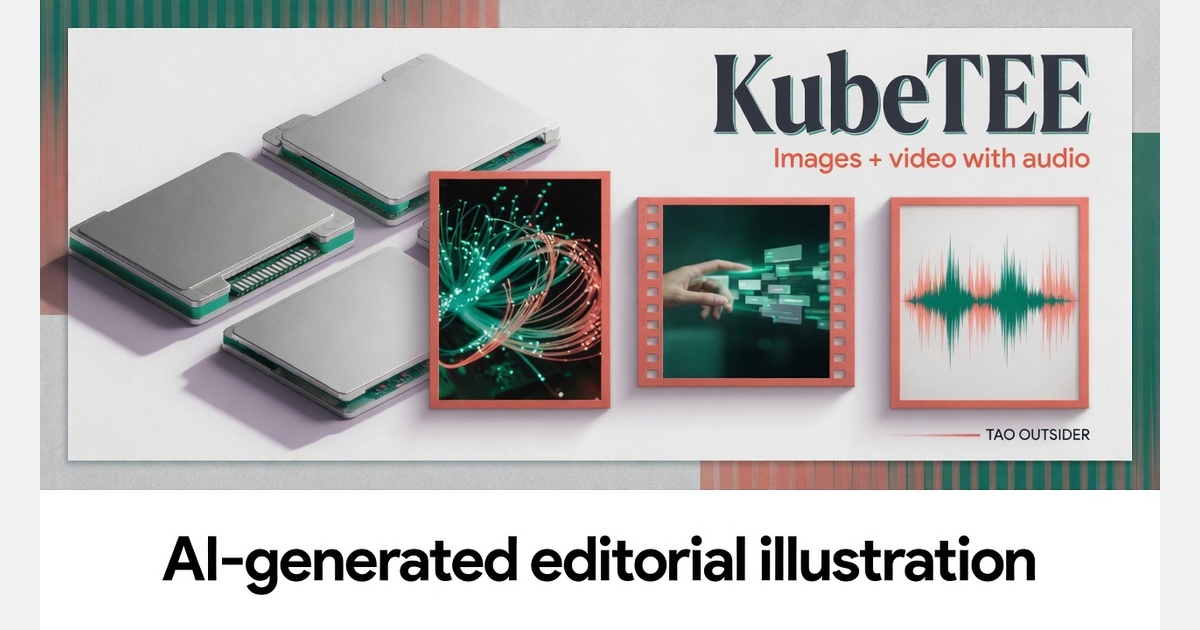 Conceptual editorial illustration of computing modules and image, video and audio frames, labeled as AI-generated.
