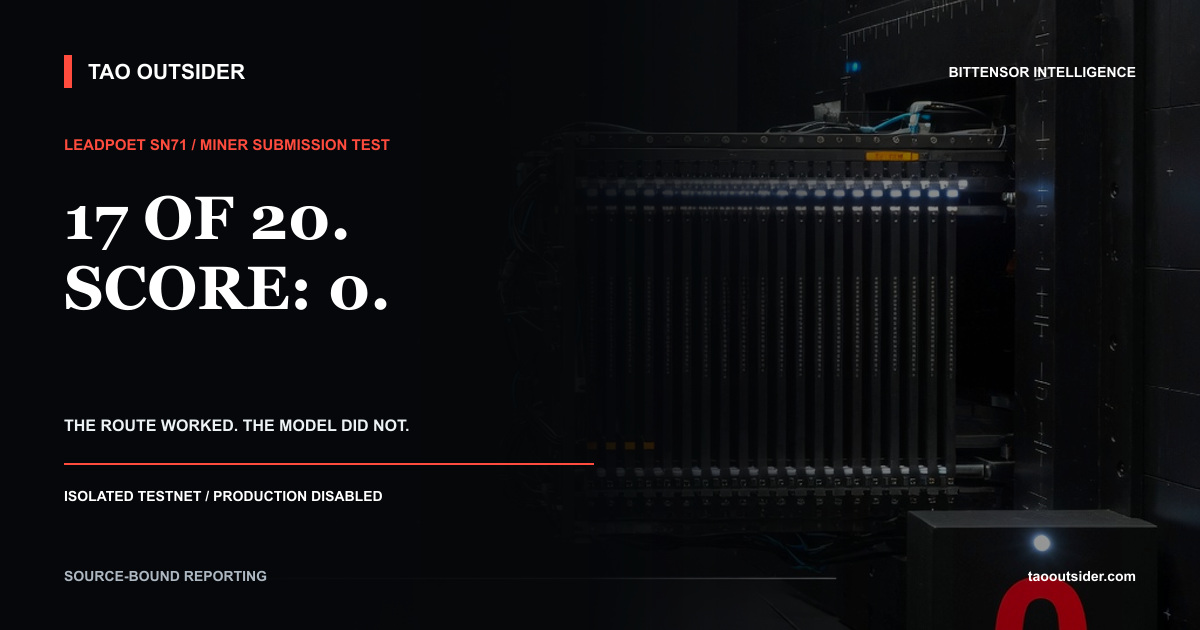 A miner-supplied sales agent moving through isolated execution, judging and a zero-score test result on Leadpoet SN71.