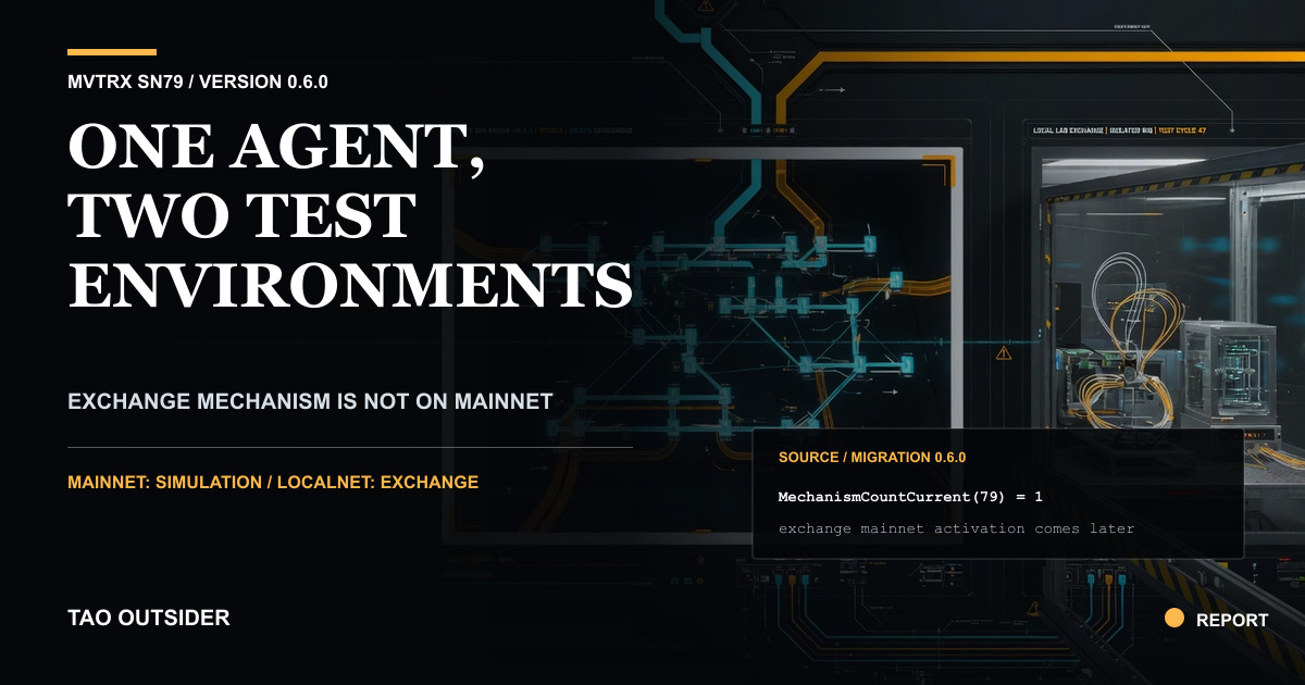 MVTRX SN79 version 0.6.0 shown as one agent interface split between mainnet simulation and localnet exchange testing.