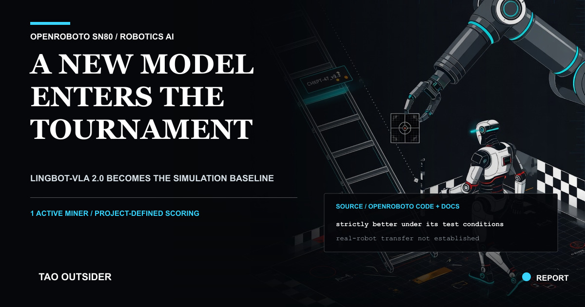 A robot crossing a measured simulation course as LingBot-VLA 2.0 becomes the OpenRoboto SN80 tournament baseline.
