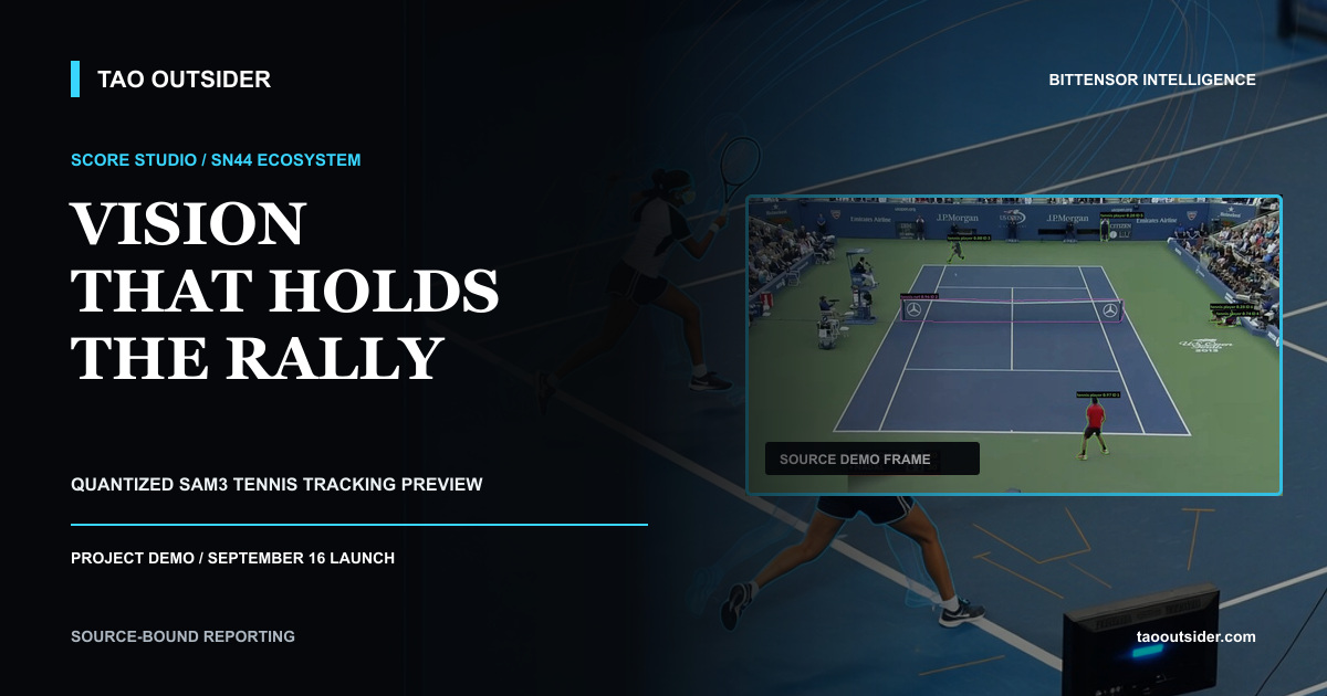 Two tennis players tracked with movement trails in an editorial representation of Score Studio's quantized SAM3 preview.