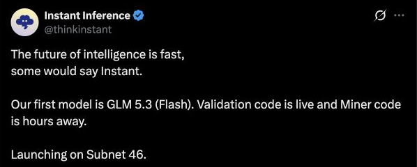The thinkinstant account announces an inference launch on subnet 46.