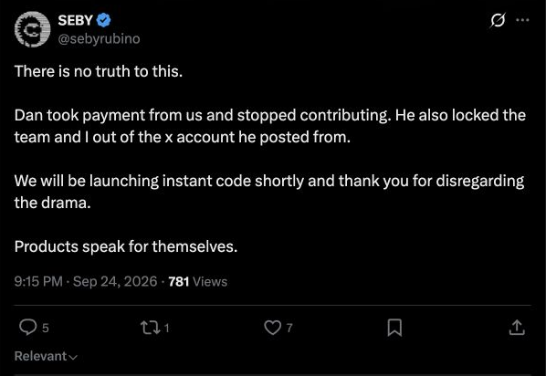 Seby's September 24 reply rejecting Dan's account and saying Instant code will launch.
