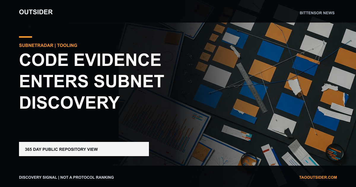 A code evidence desk comparing repository histories and development signals across Bittensor subnets.