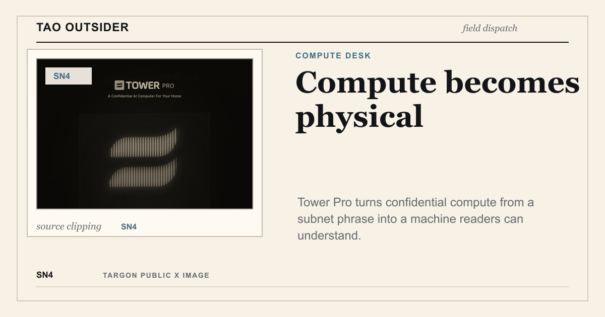 Tao Outsider editorial cover about Targon SN4 Tower Pro and physical confidential compute.