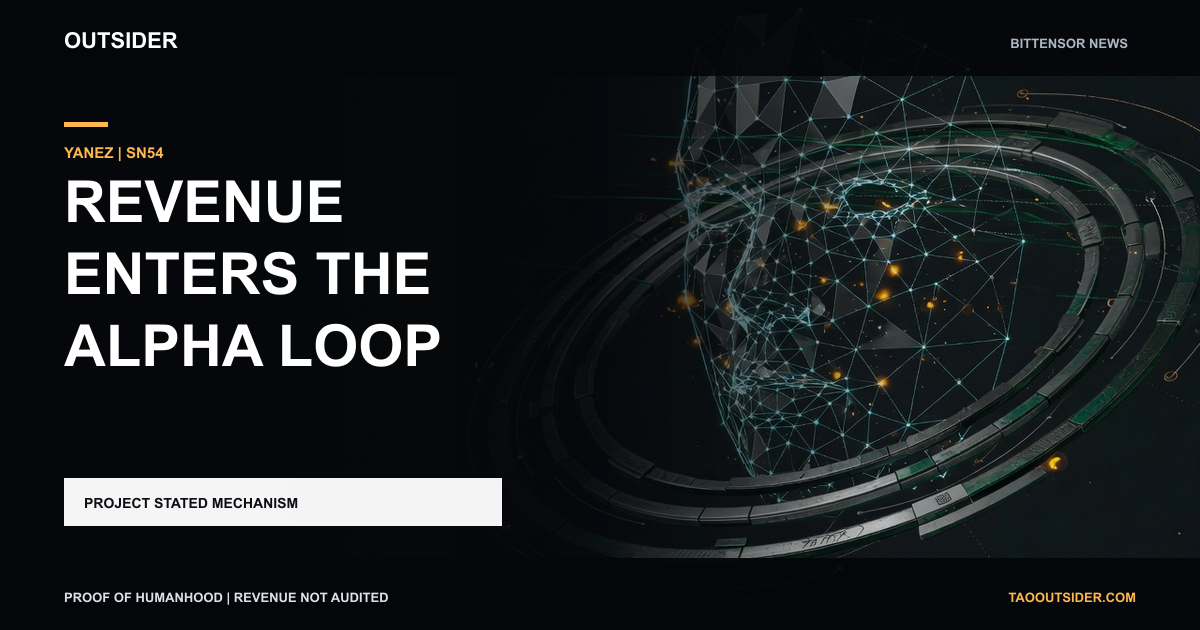 Yanez SN54 identity mesh surrounded by a circular alpha flow representing the project's revenue mechanism.