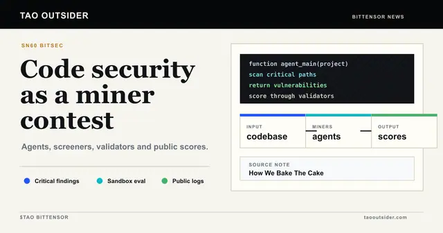 Bitsec SN60 shown as a Bittensor code security contest with agents, screeners, validators and public scores.