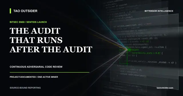 Several adversarial AI inspection paths converging on one code repository for the Sentios continuous-review service from Bitsec SN60.