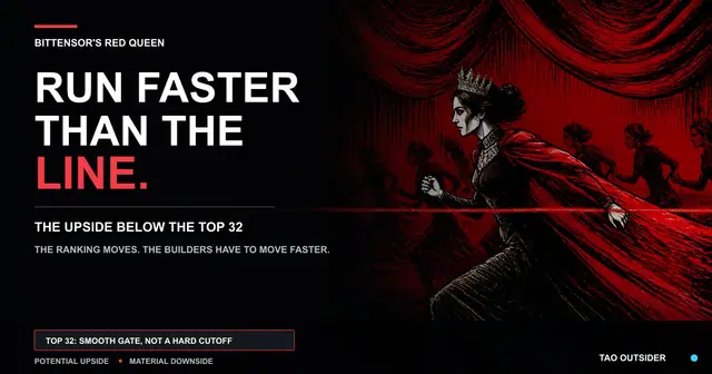 An illustrated human Red Queen racing across a moving red line while other runners pursue the Bittensor Top 32.