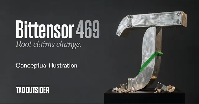 Conceptual silver tau sculpture with fragments beside the headline Bittensor 469: Root claims change.