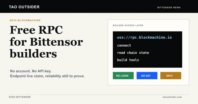 Blockmachine SN19 shown as free public RPC access for Bittensor developers with no account or API key required.