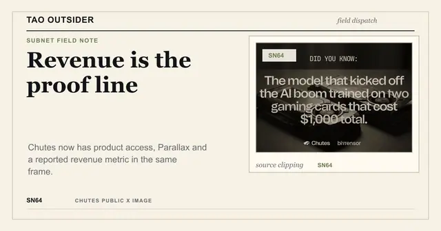 Tao Outsider editorial cover about Chutes SN64 revenue, Parallax and product proof surfaces.