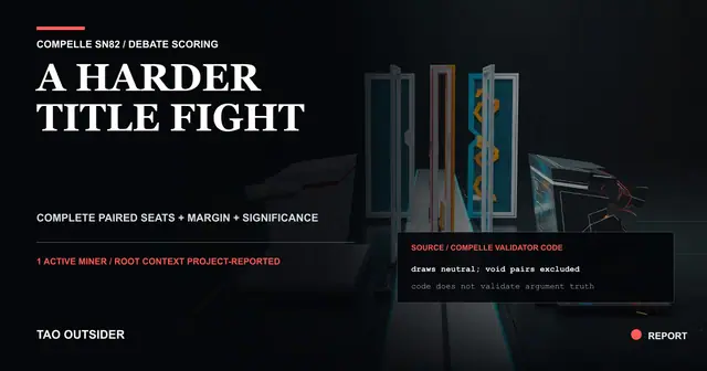 Compelle SN82 debate title fight showing two seat-balanced rounds passing through coverage, win-margin and paired-significance gates.