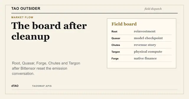 Tao Outsider editorial cover showing the dTAO update board after the Bittensor subnet cleanup.