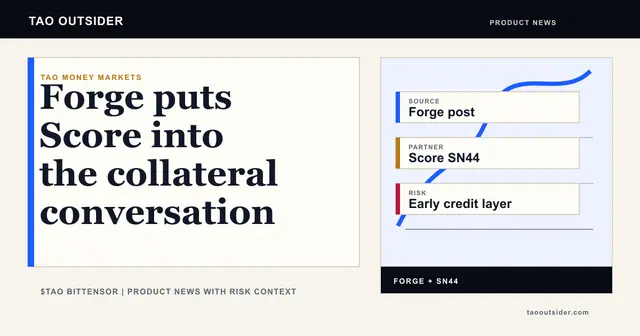 Forge and Score SN44 shown as a Bittensor product news item about TAO money markets and subnet collateral.