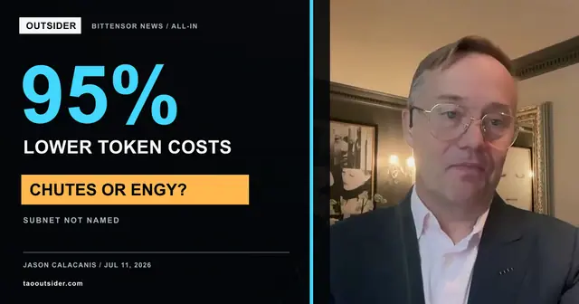 Jason Calacanis on the All-In Podcast beside a 95 percent lower token cost headline asking whether the unnamed Bittensor subnet was Chutes or Engy.