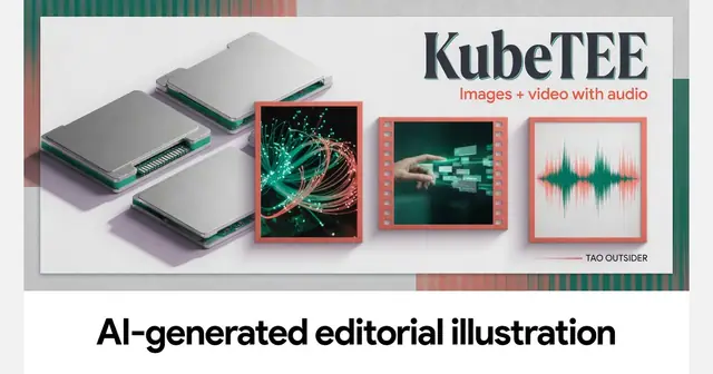 Conceptual editorial illustration of computing modules and image, video and audio frames, labeled as AI-generated.