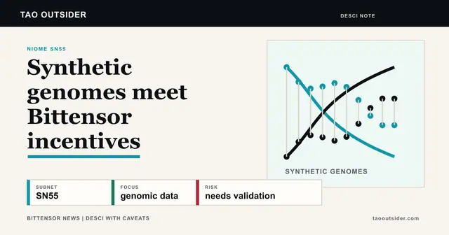 NIOME SN55 shown as a Bittensor DeSci subnet for synthetic genomes and genomic data validation.