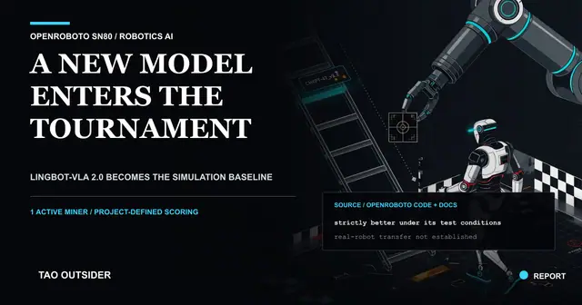 A robot crossing a measured simulation course as LingBot-VLA 2.0 becomes the OpenRoboto SN80 tournament baseline.