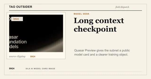 Tao Outsider editorial cover about Quasar SN24, long context and the Quasar Preview checkpoint.