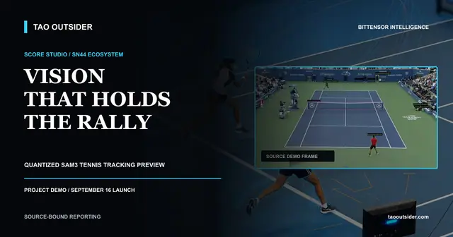 Two tennis players tracked with movement trails in an editorial representation of Score Studio's quantized SAM3 preview.