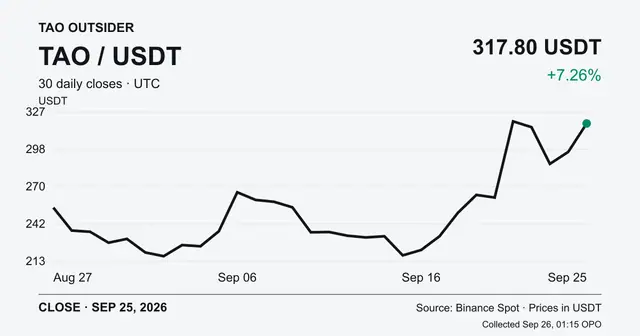 Thirty completed Binance Spot TAO/USDT daily closes ending September 25 at 317.80 USDT, up 7.26% from the previous close.