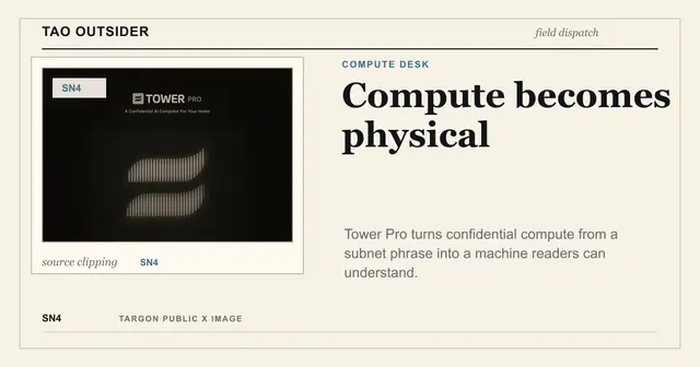 Tao Outsider editorial cover about Targon SN4 Tower Pro and physical confidential compute.