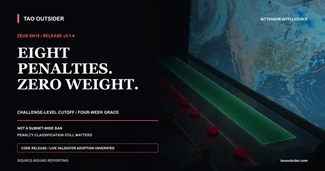 Eight consecutive penalty records closing one Zeus SN18 challenge weight path while a four-week grace lane remains open.