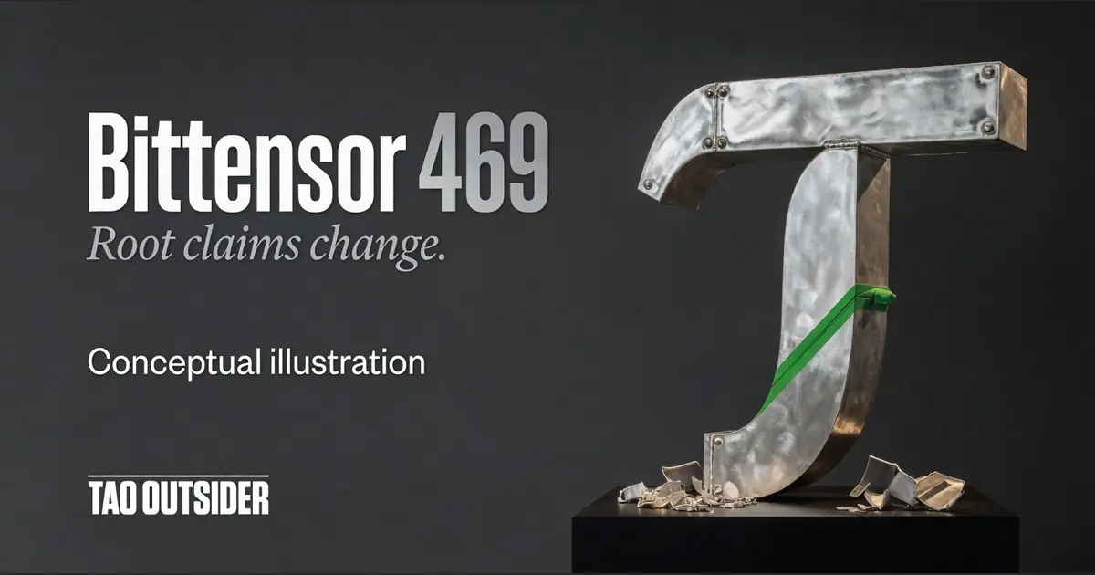 Conceptual silver tau sculpture with fragments beside the headline Bittensor 469: Root claims change.